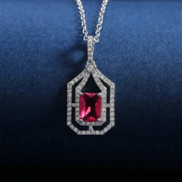 Jewelry - 💥 Double Layer Hollow Ruby Radiant Cut Red Zircon Micro Pave Necklace, EVGG1067